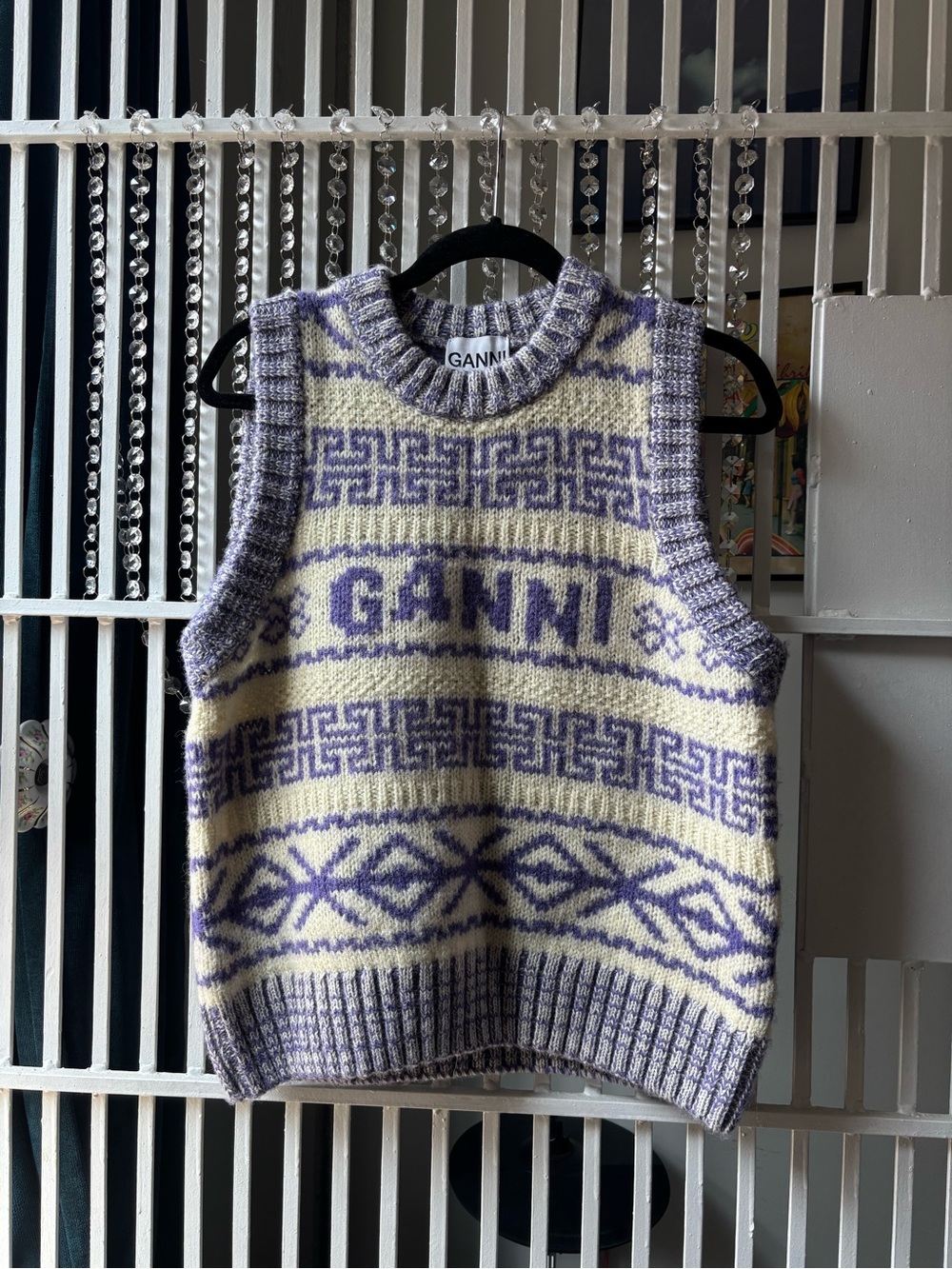 GANNI Cream & Lavender Fair Isle Knit Vest